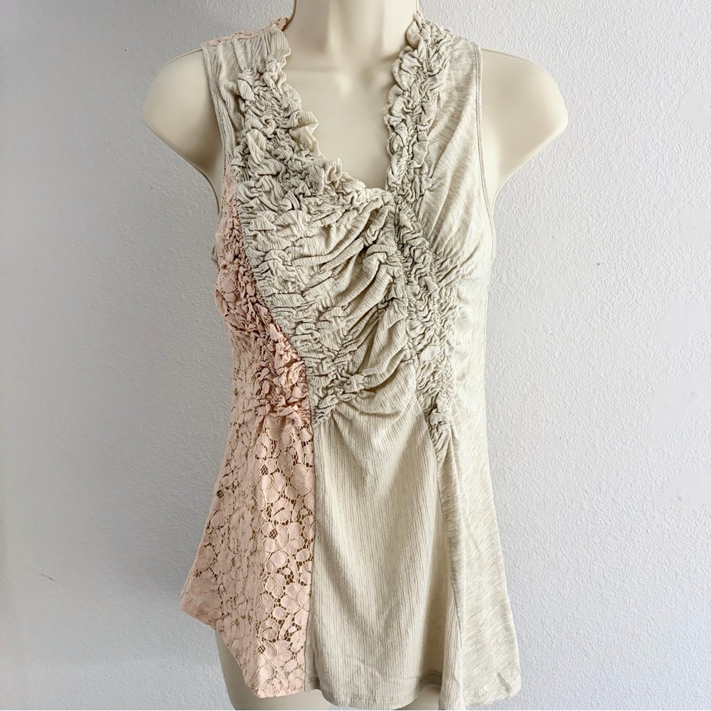 Anthro C Keer Gusts of Lace Tank Top Mixed Media Ruffle Beige Size S
